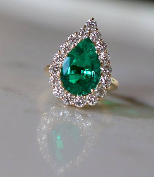 5ct Pear Cut Columbian Emerald & Diamond Ring
