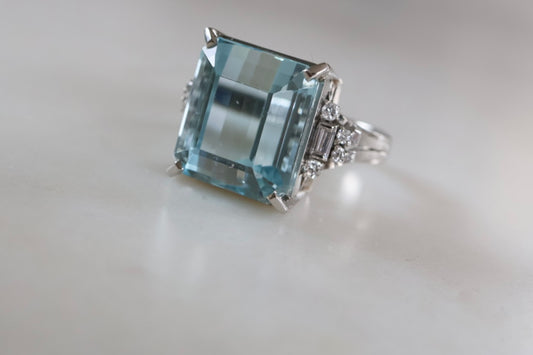 Natural Aquamarine & Diamond Platinum Ring