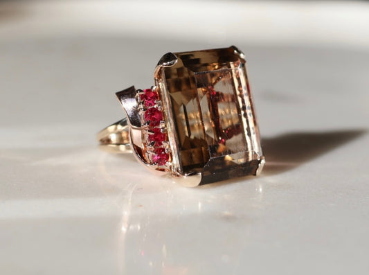 Smoky Quartz & Ruby Vintage Retro Ring