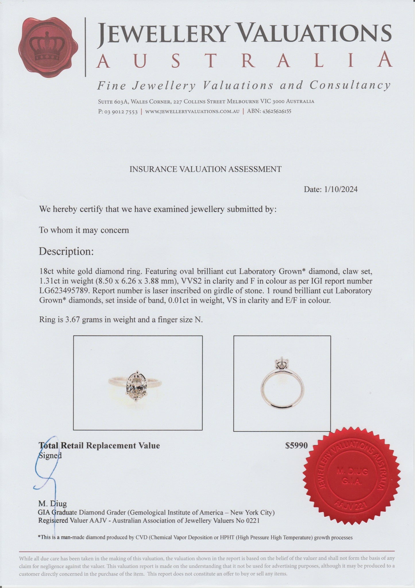 1.31ct Oval Certified Diamond Solitaire White Gold Ring