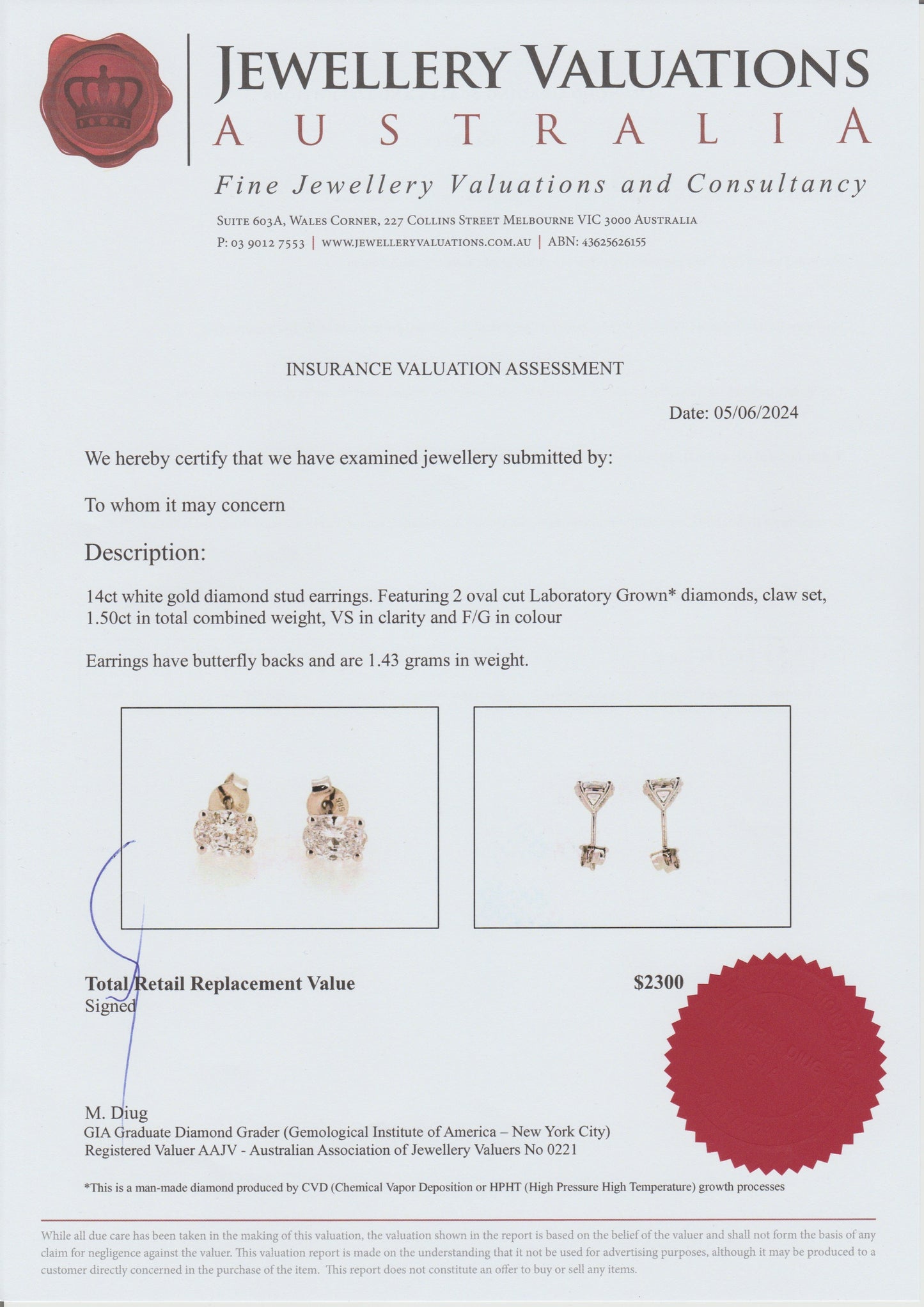1.5ct Oval Diamond Stud Earrings White Gold