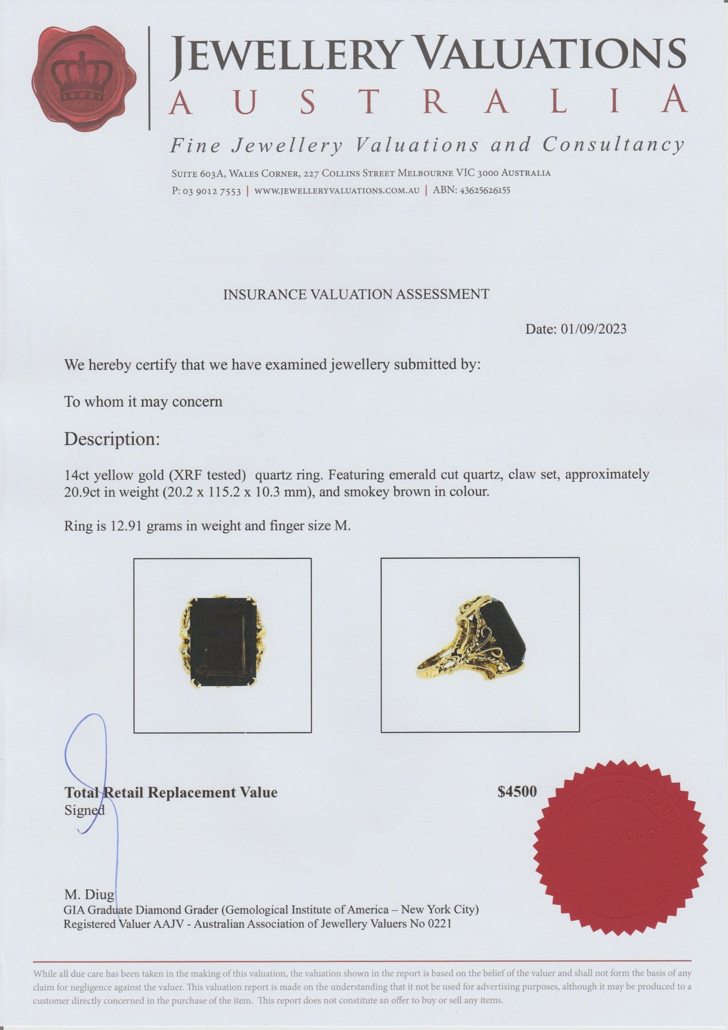 20.9ct Natural Smoky Quartz 14kt Yellow Gold