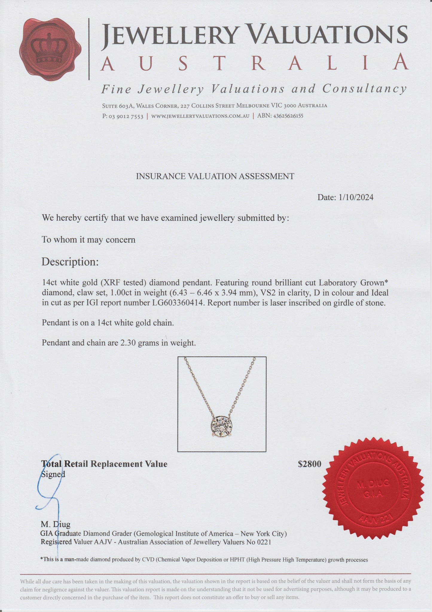 1ct Round Diamond Necklace 14KT White Gold