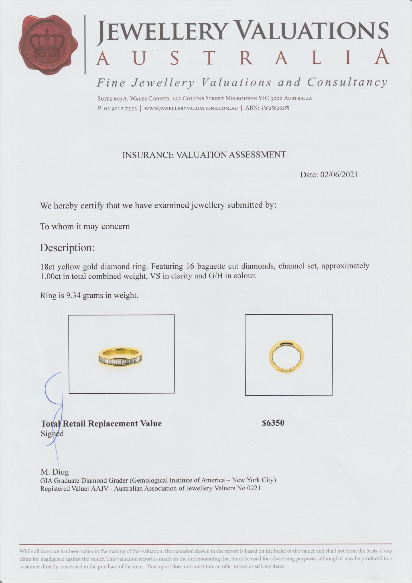 1ct Natural Diamond Baguette Ring 18kt Yellow Gold