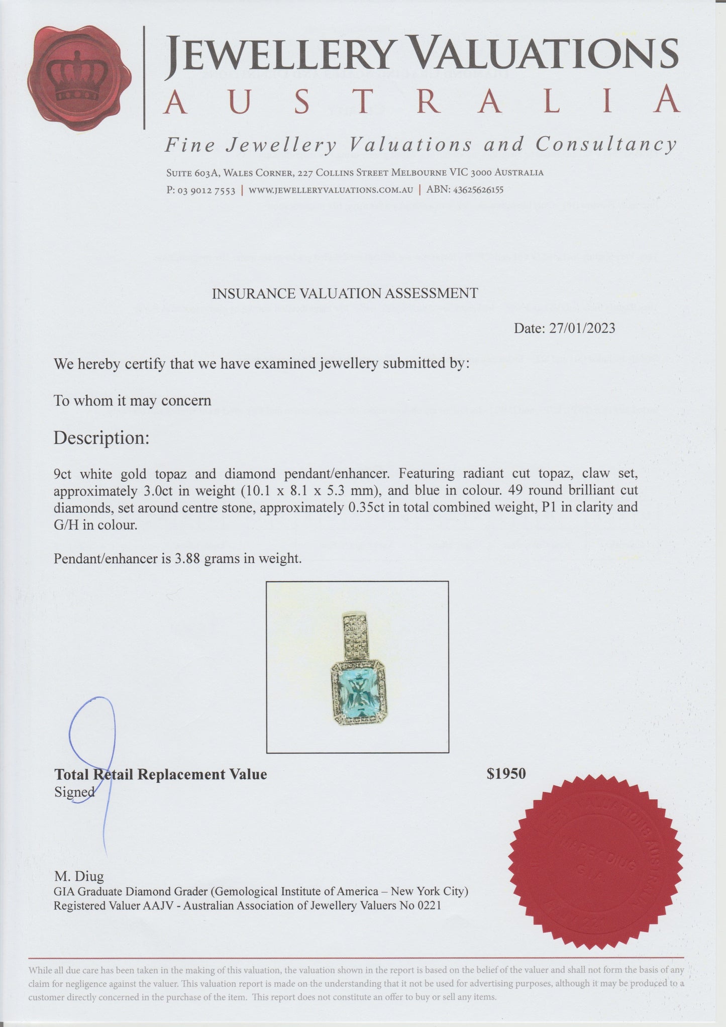 3ct Radiant Cut Topaz & Diamond Enhancer White Gold