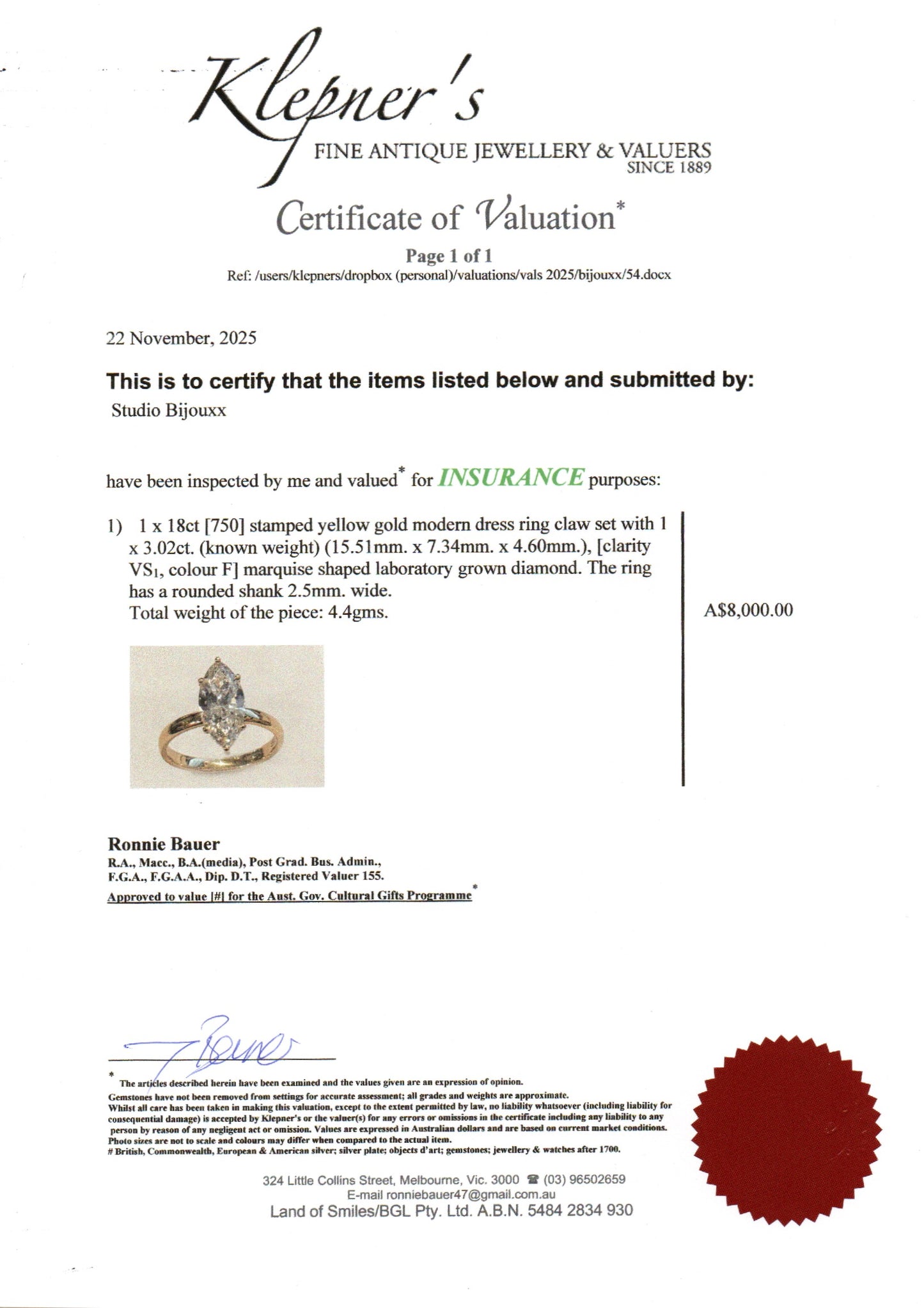 3ct Marquise Solitaire Diamond Ring 18kt