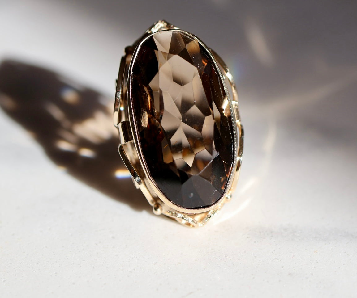 30ct Natural Smoky Quartz Yellow Gold Cocktail Ring