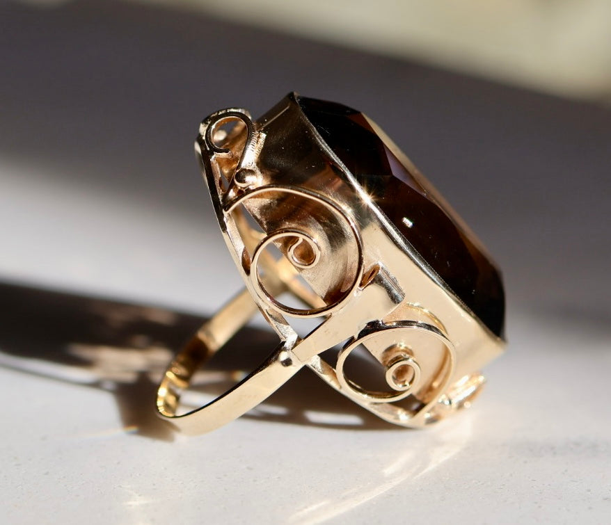 30ct Natural Smoky Quartz Yellow Gold Cocktail Ring