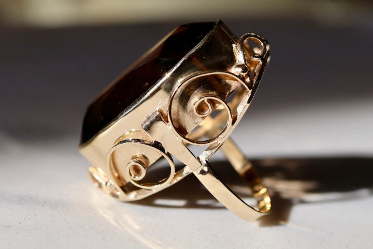 30ct Natural Smoky Quartz Yellow Gold Cocktail Ring