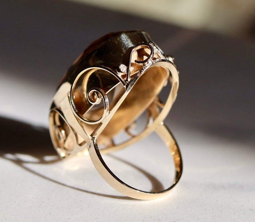30ct Natural Smoky Quartz Yellow Gold Cocktail Ring