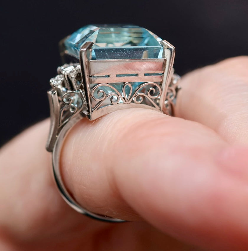 Natural Aquamarine & Diamond Platinum Ring
