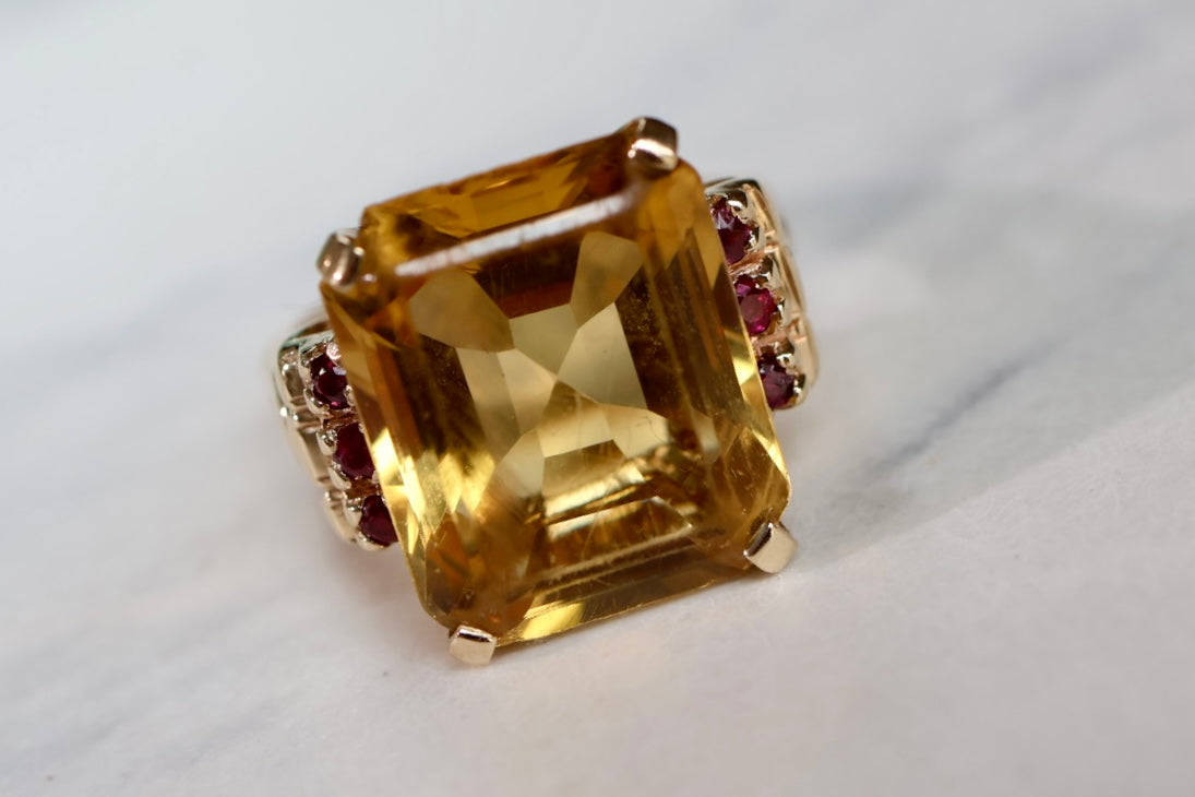 Vintage Natural Citrine & Ruby Yellow Gold Cocktail Ring