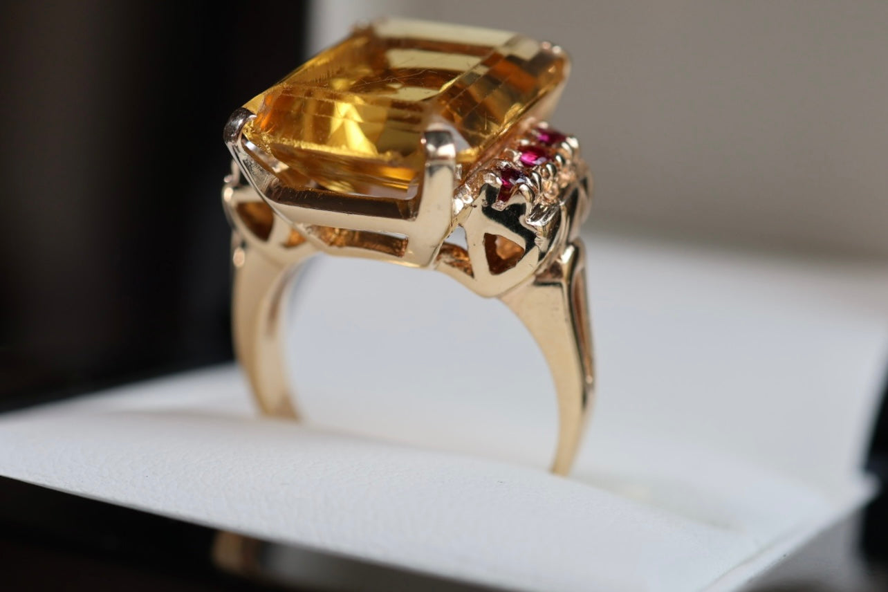 Vintage Natural Citrine & Ruby Yellow Gold Cocktail Ring