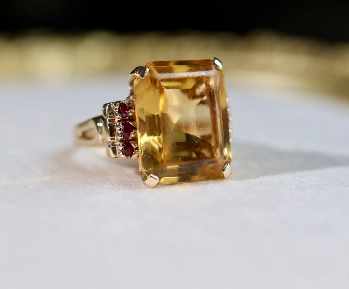 Vintage Natural Citrine & Ruby Yellow Gold Cocktail Ring