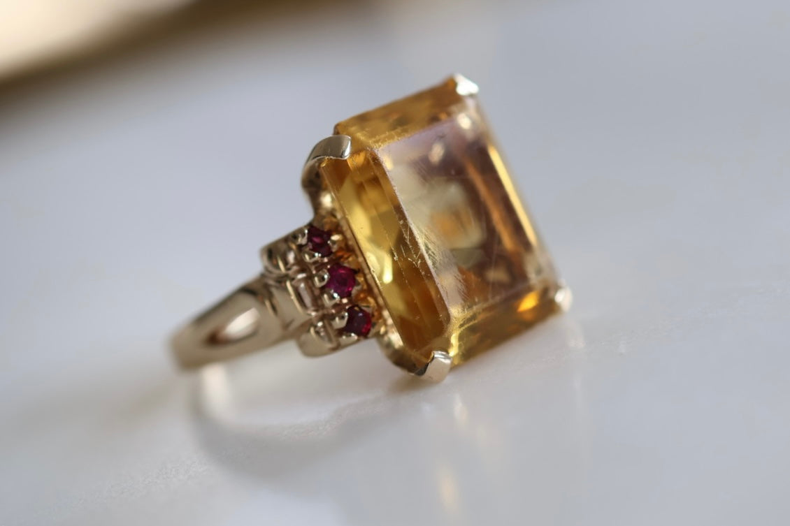 Vintage Natural Citrine & Ruby Yellow Gold Cocktail Ring