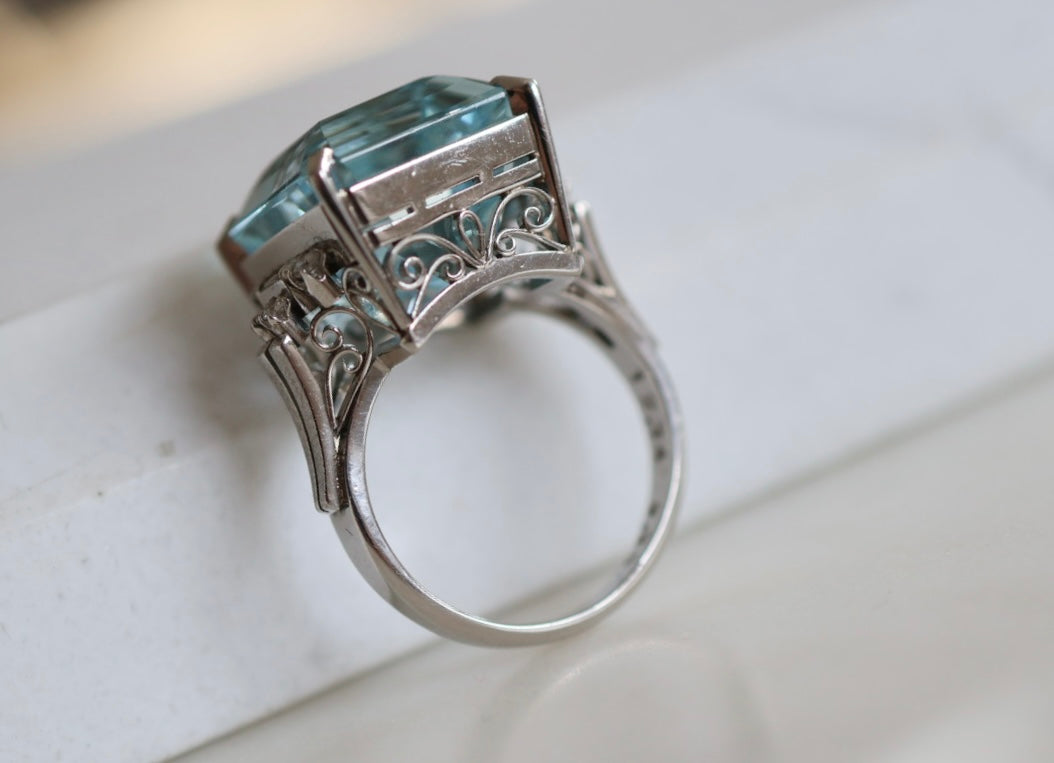 Natural Aquamarine & Diamond Platinum Ring