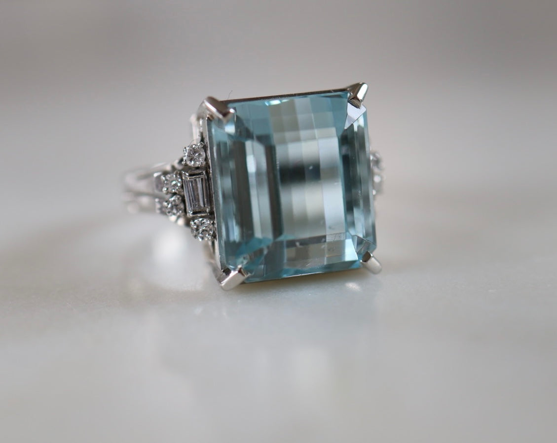 Natural Aquamarine & Diamond Platinum Ring