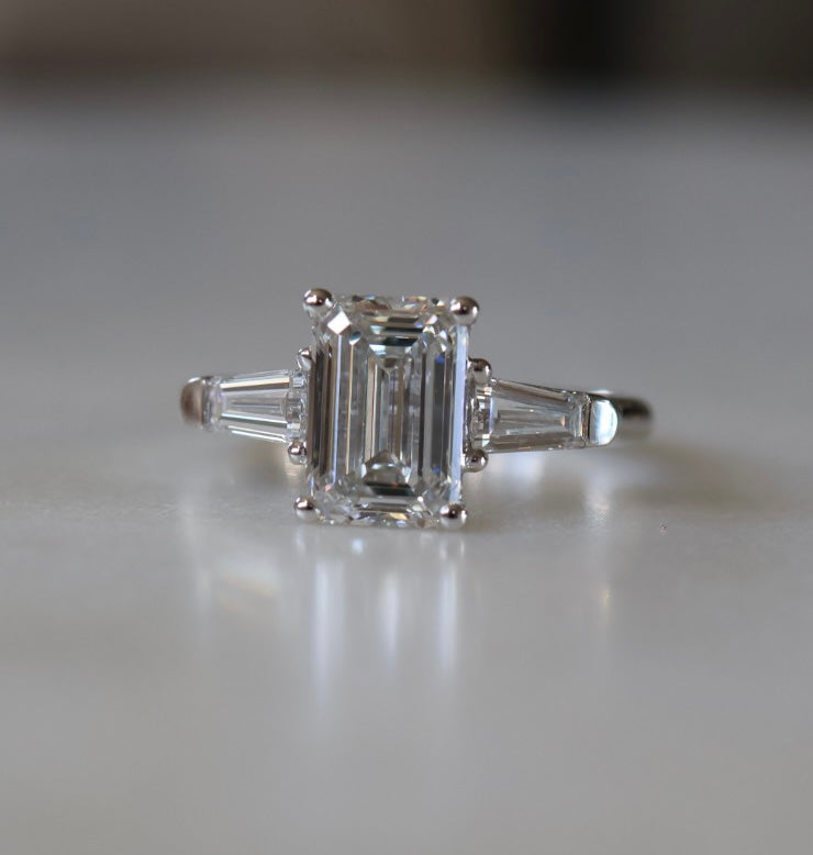 2.5ct Emerald cut Diamond Trilogy Ring White Gold