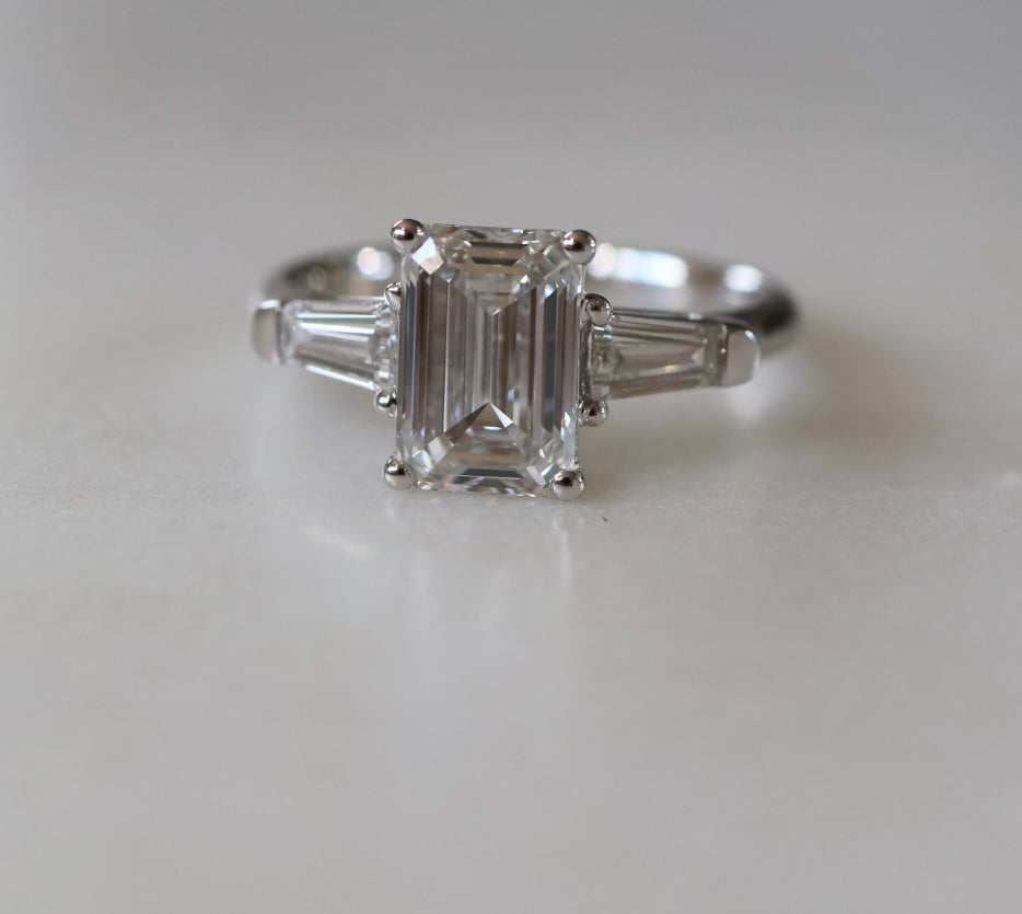 2.5ct Emerald cut Diamond Trilogy Ring White Gold