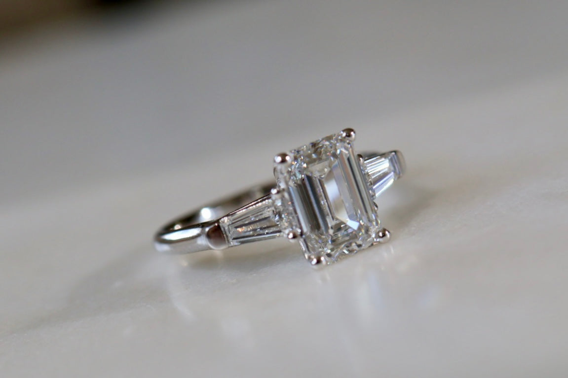 2.5ct Emerald cut Diamond Trilogy Ring White Gold