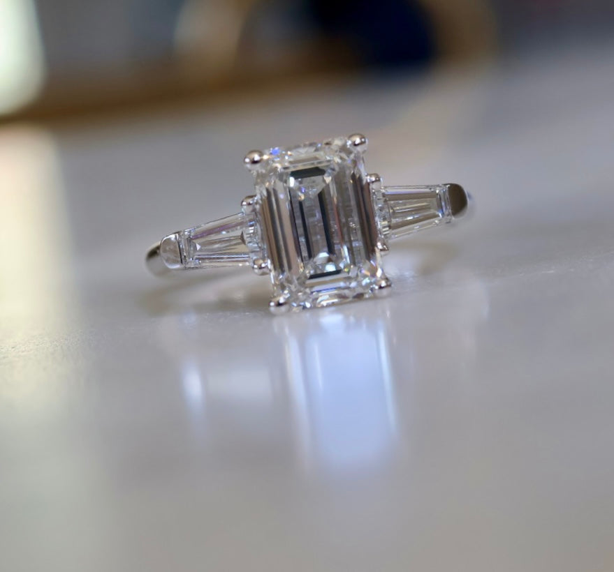 2.5ct Emerald cut Diamond Trilogy Ring White Gold