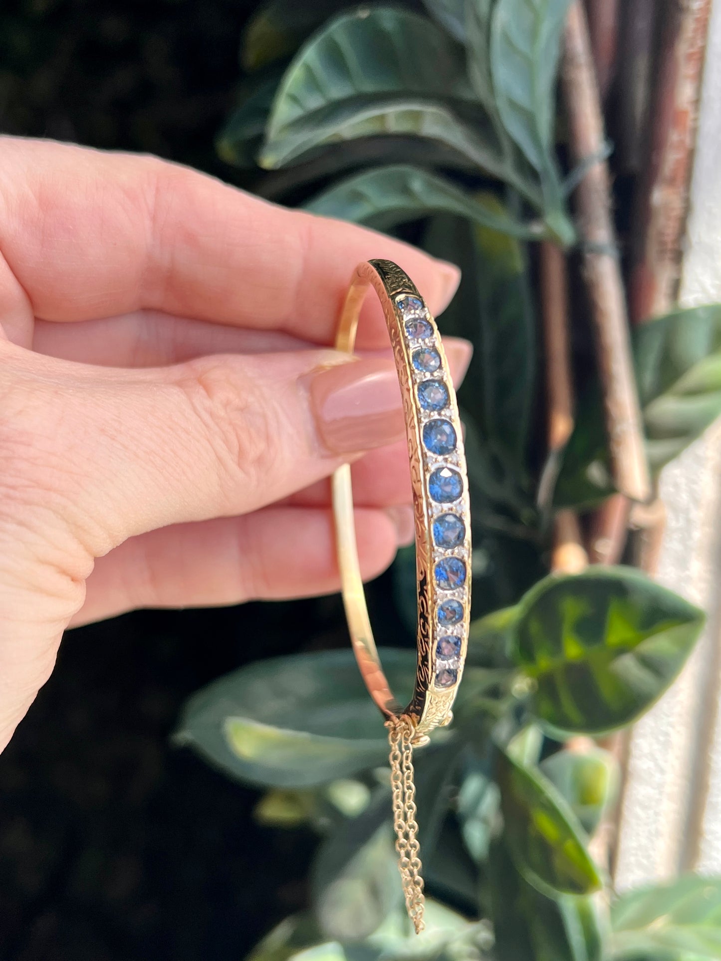 Charlotte - Bezel Set Natural Sapphire & Diamond Bangle Yellow Gold