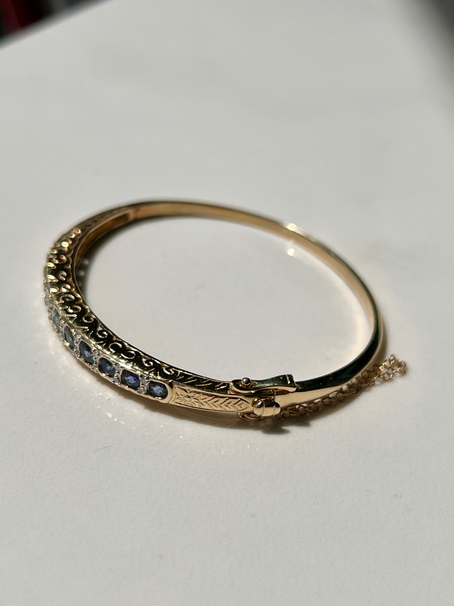 Charlotte - Bezel Set Natural Sapphire & Diamond Bangle Yellow Gold