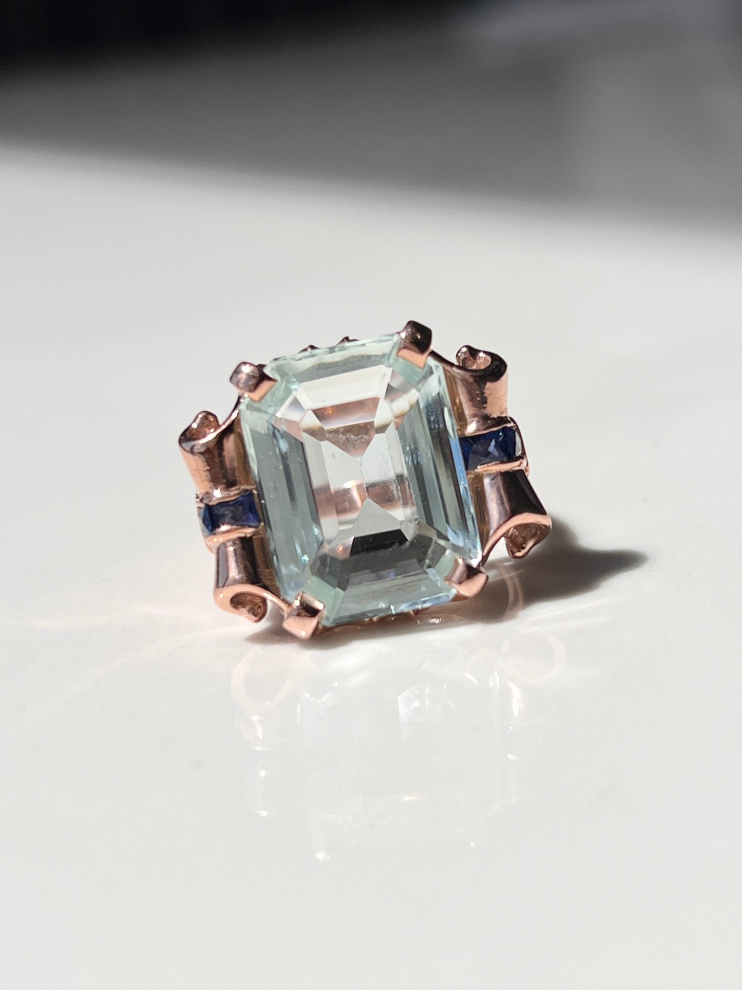 Eloise - 14kt Natural Aquamarine & Sapphire Scroll Ring