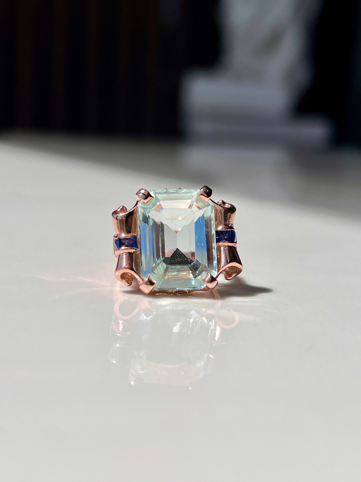 Eloise - 14kt Natural Aquamarine & Sapphire Scroll Ring