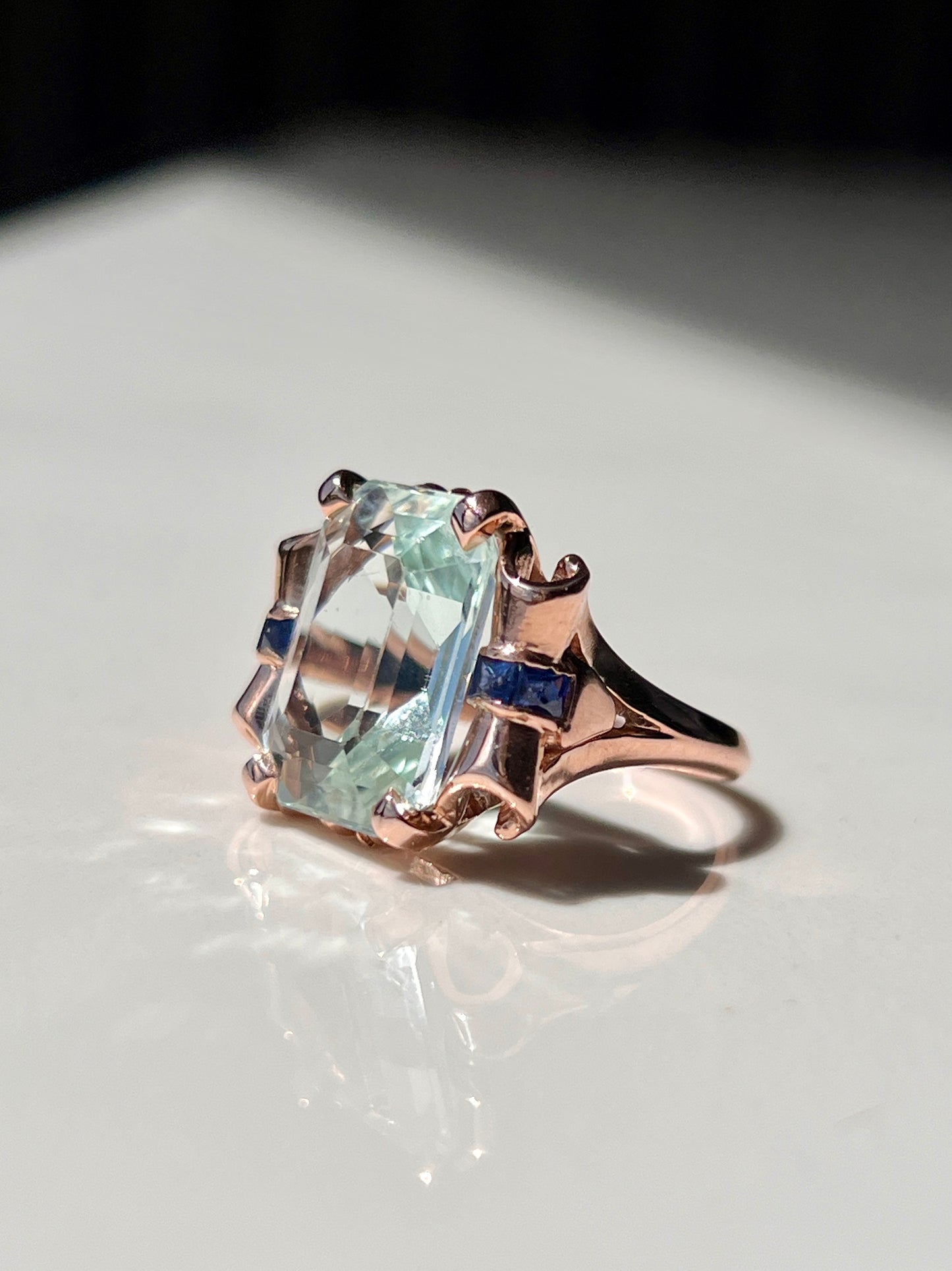 Eloise - 14kt Natural Aquamarine & Sapphire Scroll Ring