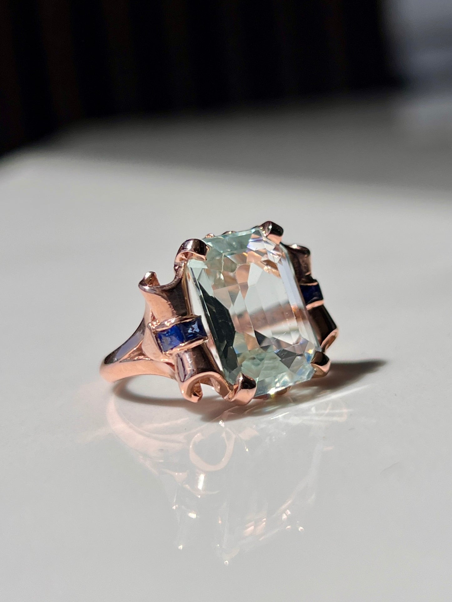 Eloise - 14kt Natural Aquamarine & Sapphire Scroll Ring