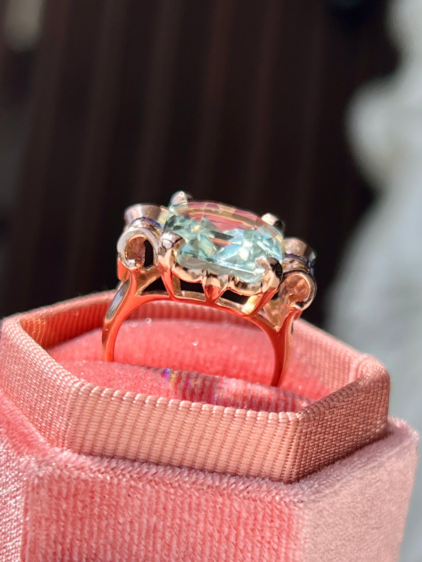 Eloise - 14kt Natural Aquamarine & Sapphire Scroll Ring