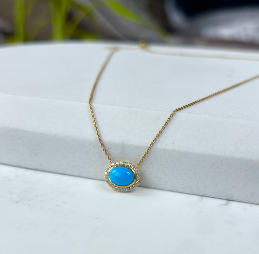 Caspian - Natural Turquoise & Diamond Necklace 14Kt Yellow Gold