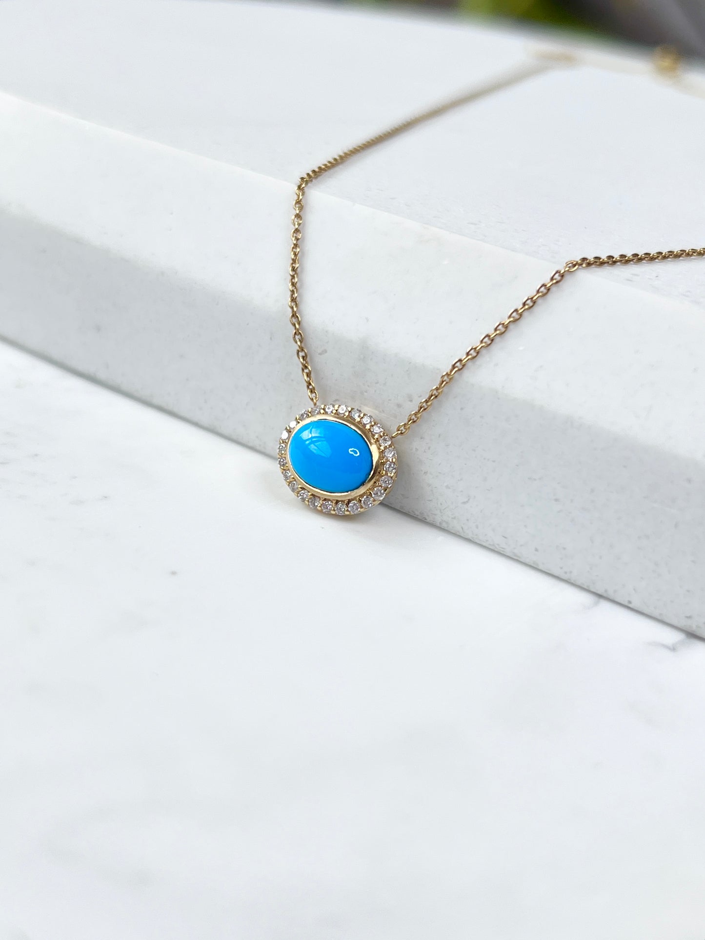 Caspian - Natural Turquoise & Diamond Necklace 14Kt Yellow Gold