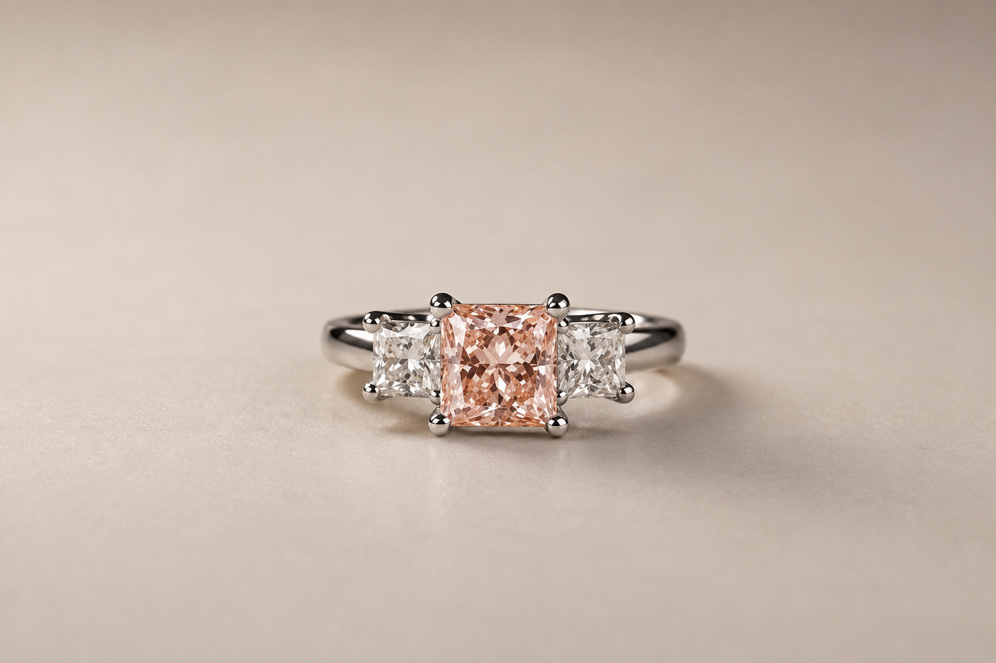 Pink & White Princess Cut Diamond Trilogy Ring