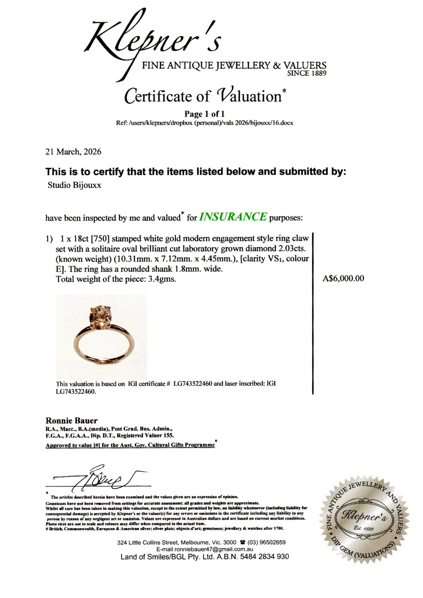 Opportunity Buy - 2ct Oval Solitaire 18ct White Gold
