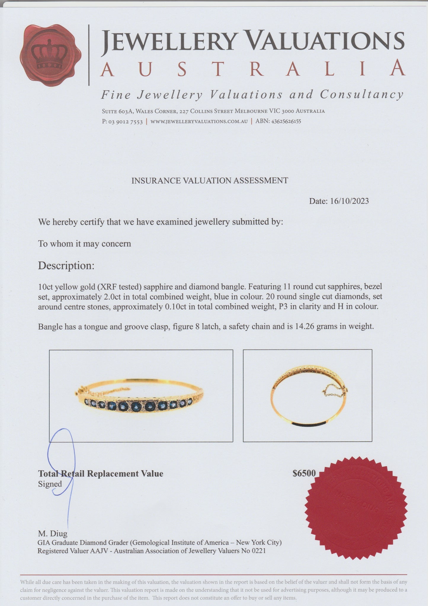 Charlotte - Bezel Set Natural Sapphire & Diamond Bangle Yellow Gold