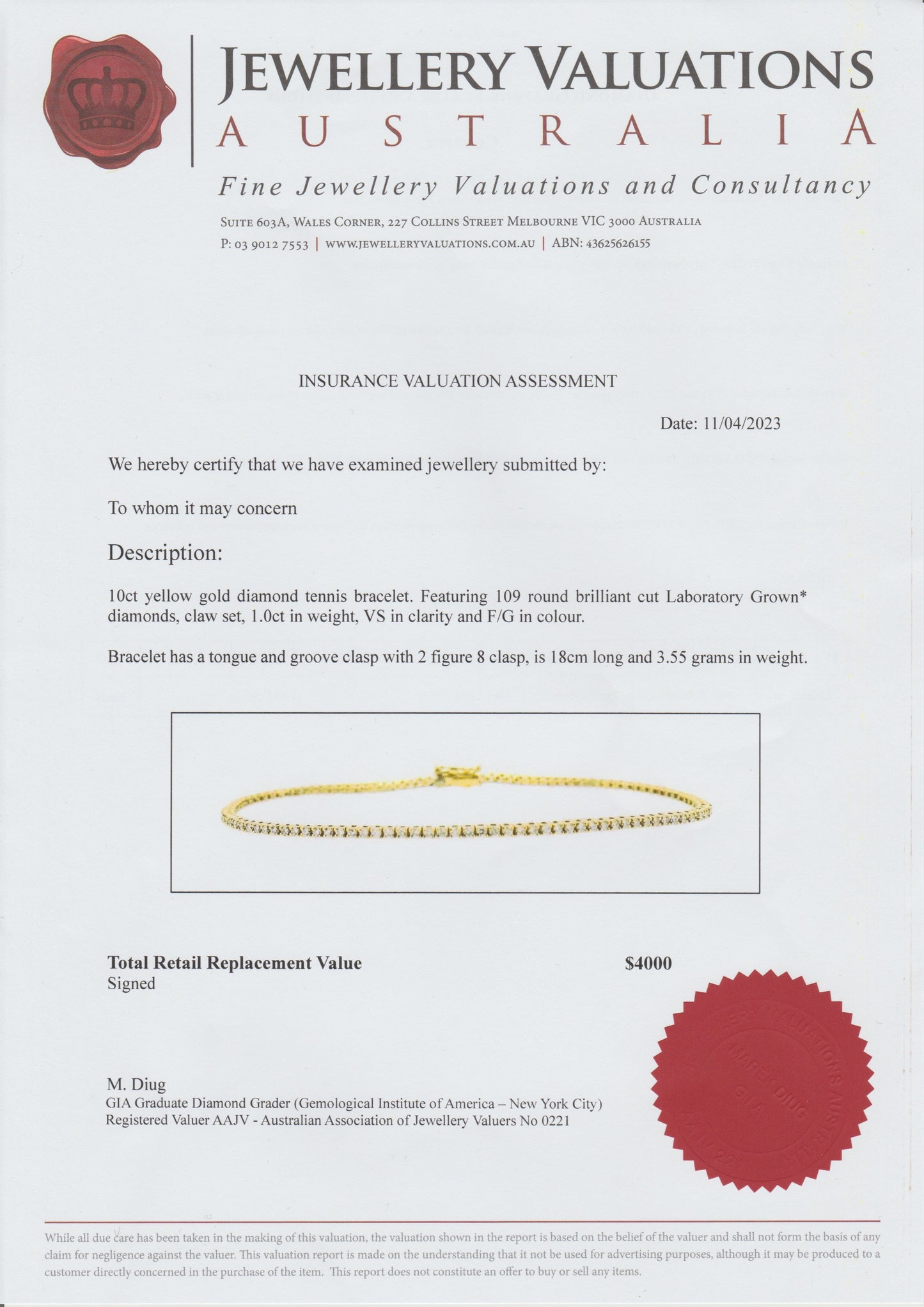 Lab-luxe™ - 1ct Diamond Tennis Bracelet Yellow Gold