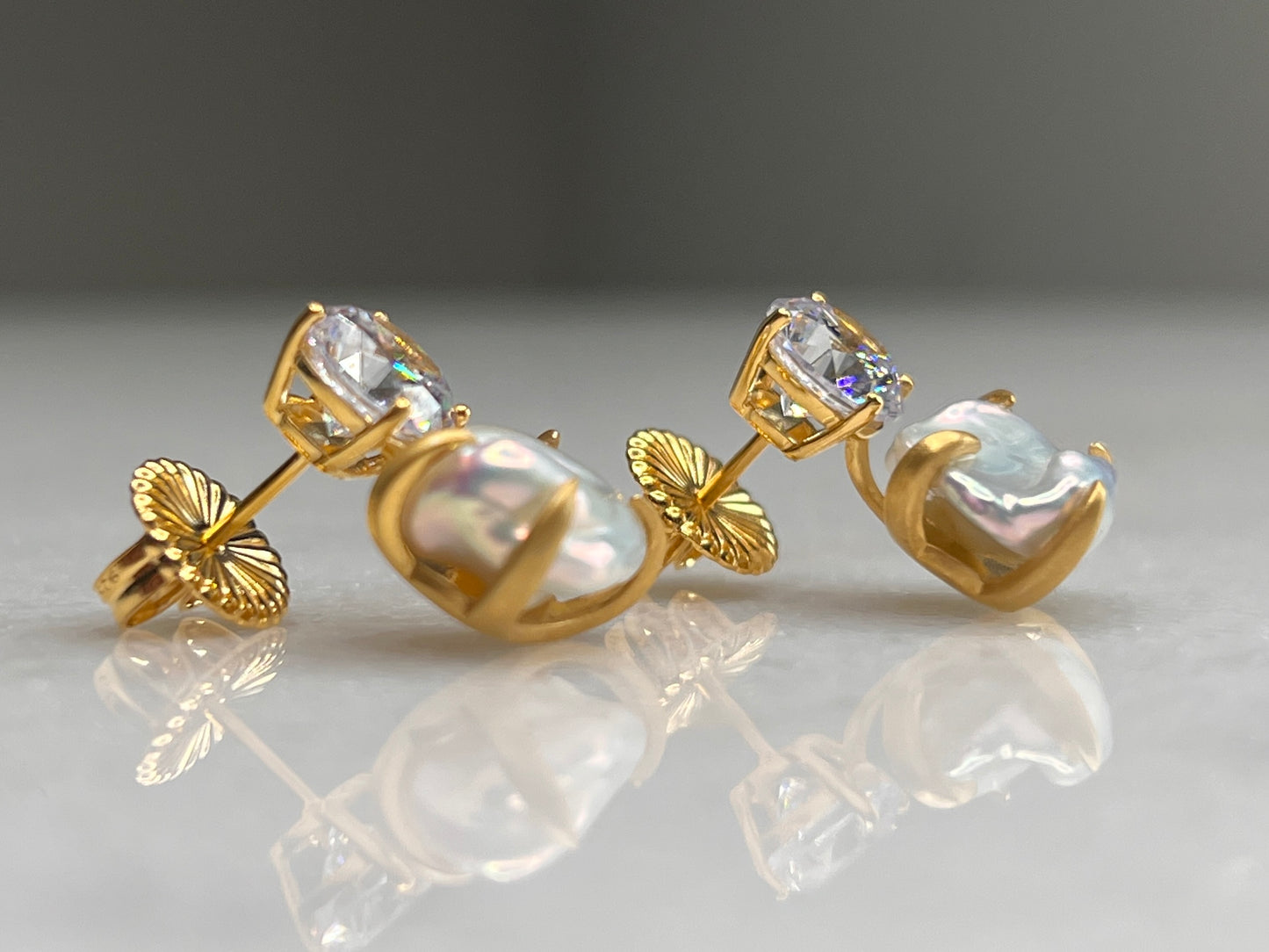 Alice - Natural Keshi Pearl & Simulated Diamond Studs